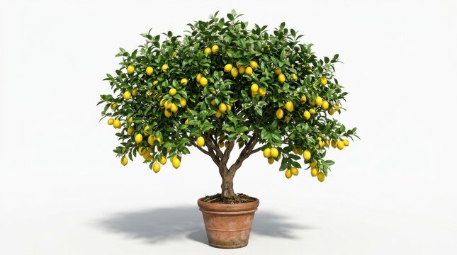 Potted lemon tree with ripe yellow fruit, lush green citrus plant in terracotta pot, mediterranean garden lemon bush for home decor isolated PNG with Transparent Background