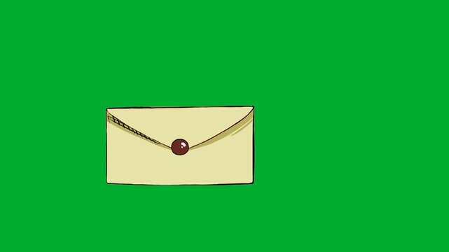2d animated Opened envelope layout frame standing isolated on clear background animation on green screen. Classic paper pouch letter container container for secret message, holiday card or mail