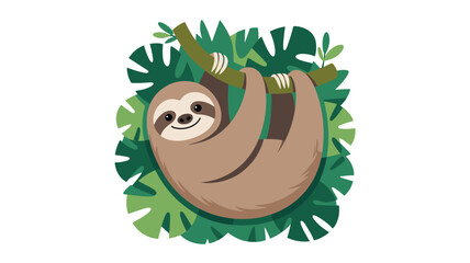 Obraz premium Cute cartoon illustration of a happy sloth hanging from a tree branch surrounded by lush green tropical leaves.