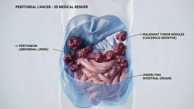 3D Medical Render of Peritoneal Cancer, Labeled Diagram Showing Peritoneum, Malignant Tumor Nodules, and Underlying Intestinal Organs in the Abdomen