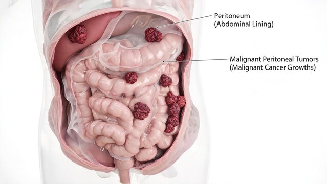 3D Medical Illustration of Peritoneal Cancer, Labeled Malignant Peritoneal Tumors in the Abdominal Cavity with Peritoneum (Abdominal Lining)