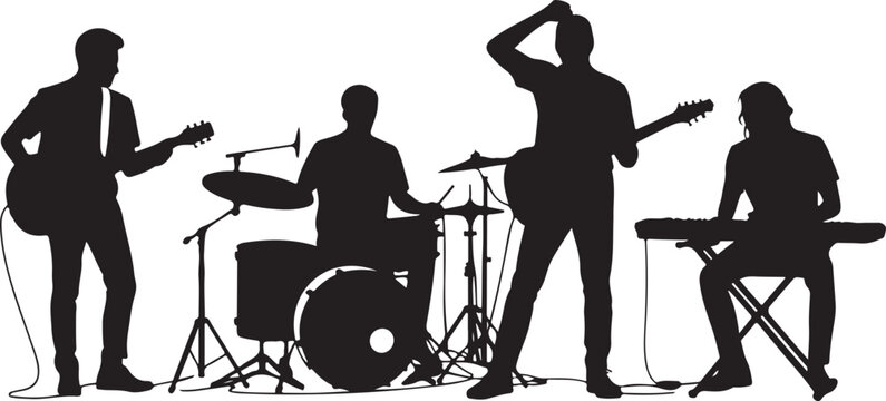 Silhouette of a rock band playing music with guitarists, drummer, and keyboardist