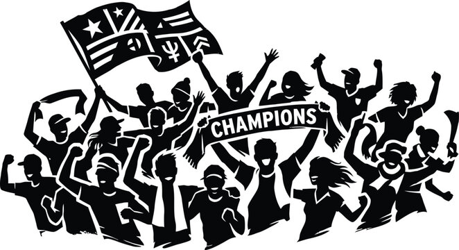 A large group of people in black silhouette waving flags and banners