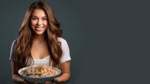Typical original Ceviche seafood dish from raw food on the plate held in beautiful girl's hands