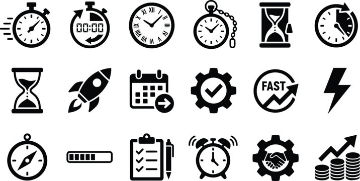 Black time management icons set