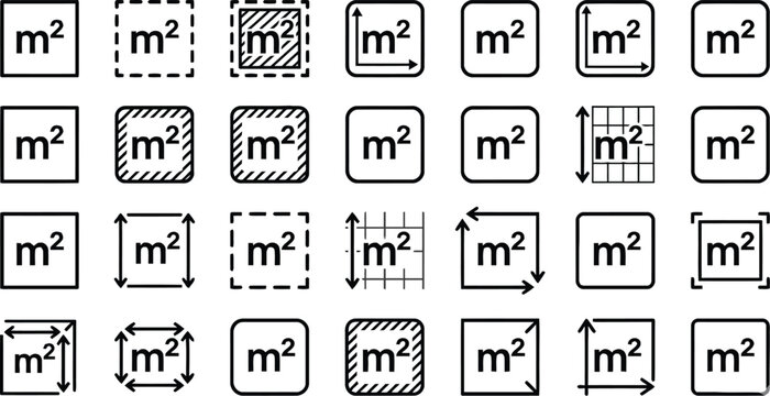 Square meter icons set with various line styles