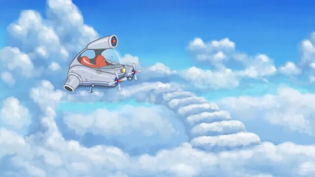 2d animated Spaceship clouds stairs layout with a futuristic rocket vehicle parked high in sky. White fluffy steps leading to cosmic shuttle machine cockpit overlay template cartoon animation loop.