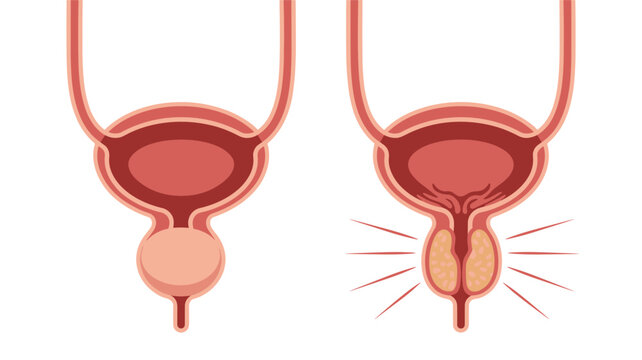Comparative medical illustration showing a healthy prostate gland alongside an enlarged prostate affecting the bladder.
