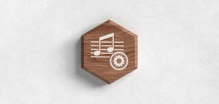 Music audio settings icon on a wooden hexagonal block on a white textured paper background for sound production configuration and digital music editing software concepts