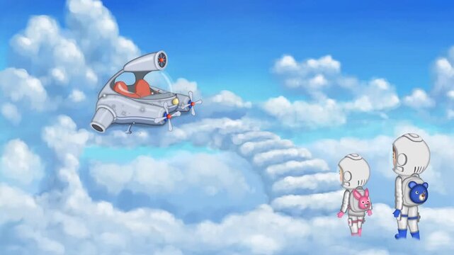 2d animated Astronauts clouds stairs layout with tiny space suit cosmonaut characters standing high in sky. White fluffy steps leading to a futuristic rocket vehicle spaceship cartoon animation loop.