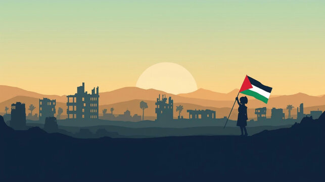 Palestine landscape vector illustration. Silhouette of destroyed buildings at morning with young girl waving palestine flag. Landscape illustration of destroyed city for background or wallpaper