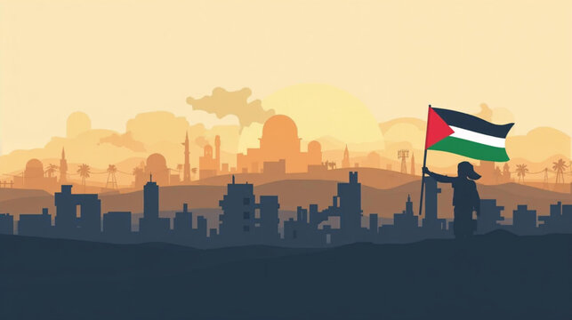 Palestine landscape vector illustration. Silhouette of destroyed buildings at morning with young girl waving palestine flag. Landscape illustration of destroyed city for background or wallpaper