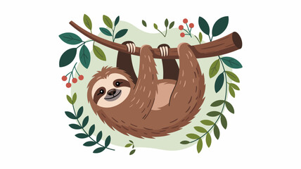 Obraz premium Cute brown sloth hanging from a tree branch surrounded by green leaves and red berries in a peaceful forest setting.