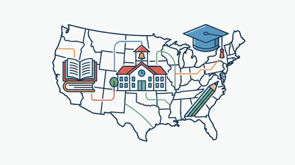 Naklejka premium Education symbols across the United States map illustration.