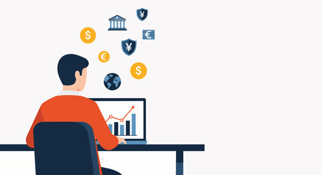 Man with laptop showing financial graph, surrounded by currency symbols and bank icon, concept for finance, investment and online banking services.