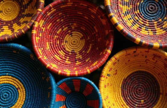 Colorful woven Ethiopian mesob baskets display intricate coil patterns. Natural dyes create bold designs on traditional containers. Used for food decor, show cultural heritage. Many sizes, styles