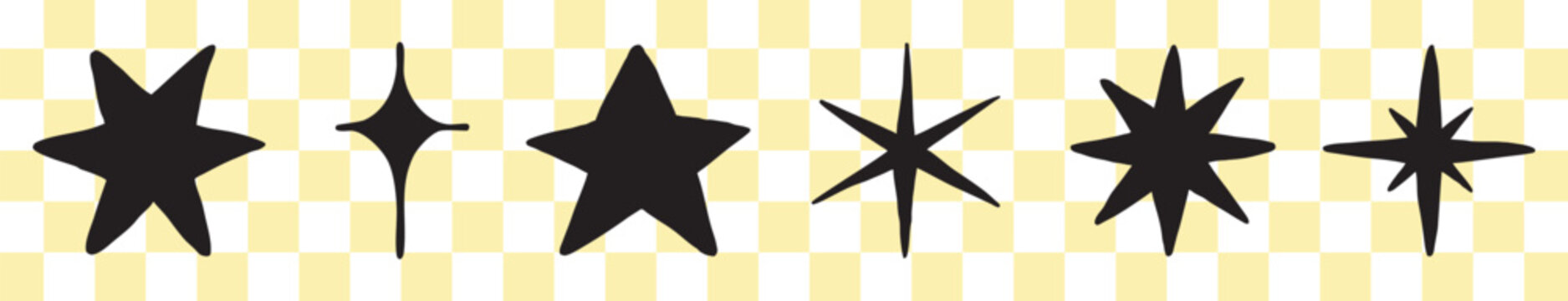 Vector of black star shapes on a yellow checkered background, varying in design and size.