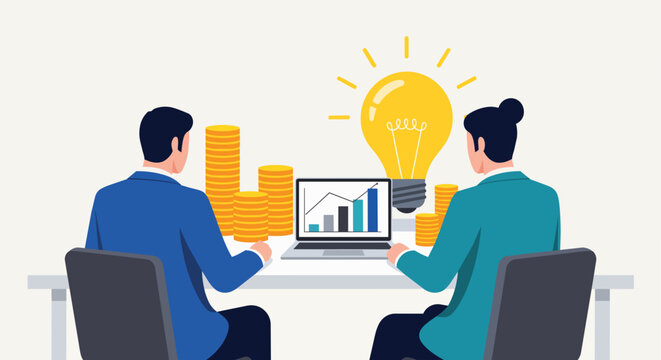 Two people reviewing financial growth charts and stacks of coins with a bright idea lightbulb, concept for investment strategy, startup success and business planning.