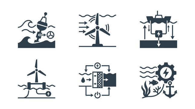 Offshore Renewable Energy Icons: Wind, Wave, Tidal, and Hydrokinetic Power