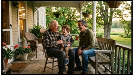 Fototapeta premium Happy Fathers Day porch gathering of three generations laughing together, grandpa, dad and young son sharing stories on a cozy country farmhouse veranda
