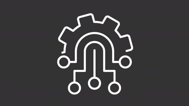 Animated system automation white line icon. Technology digitization process animation. Gear and network connections. Workflow optimization. Isolated element on dark background. Alpha transparent video