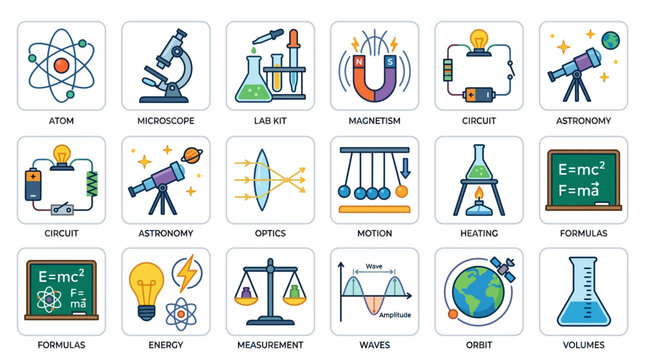 Science Icons Set: Atom, Microscope, Lab, Magnet, Circuit, Astronomy, Optics, Formulas