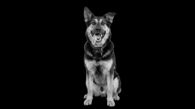 Black and white portrait of a german shepherd crossbreed dog sitting, looking forward with its tongue hanging out against a solid black