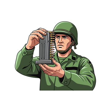 Soldier examining ammunition cartridge isolated on white background
