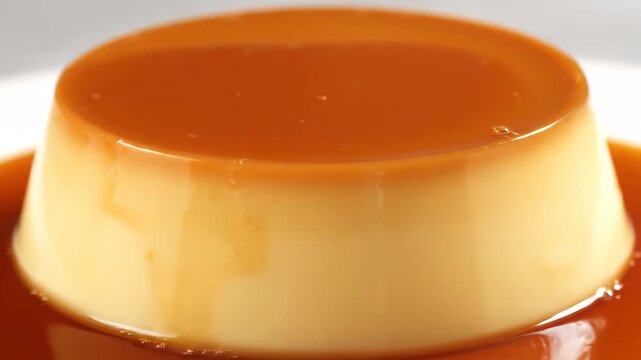 Homemade cr&egrave;me caramel or flan dessert served with rich glossy caramel sauce on a white plate, close-up view.