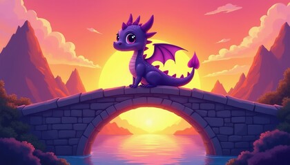 Obraz premium Cute purple dragon sits on stone bridge over calm water. Mountains and sunset sky with clouds create fantasy landscape background. Magical scene evokes wonder and adventure.