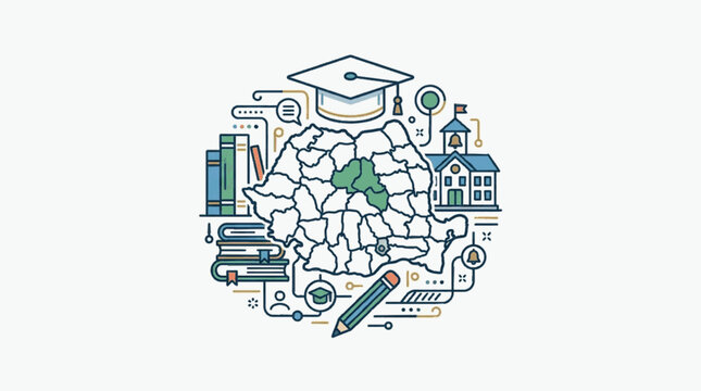 Education in Romania map concept with graduation cap and books.