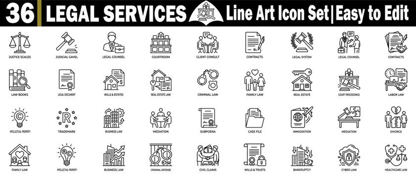 Legal services line art icon set. Containing thirty-six vector symbols for law practice, advocacy, and judicial system processes.