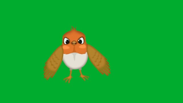 2d animated Sparrow bird hovering gently with active flapping wings in front view frame animation on green screen. Cute robin nightingale songbird cartoon character flying steadily animation