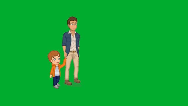 2d animated Father and daughter standing together looking ahead affectionately animation on green screen. Tall man next to little cute small girl child smiling pleasantly animation on green screen.