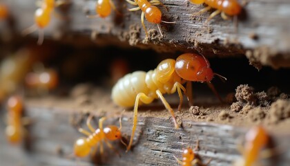 Fototapeta premium Termites infest wood beams, creating tunnels, damage. Pest control expert examines infested wooden structure, identifying signs of insect activity, planning extermination. Prevention, treatment