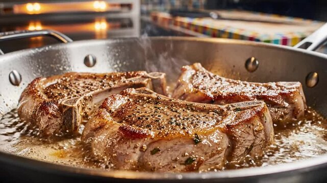 Delicious and sizzling bone-in pork chops browning in a hot stainless steel pan on the stove, closeup
