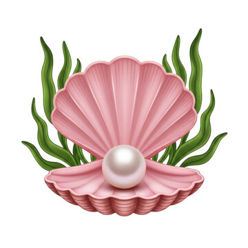 Pink seashell with pearl and green leaves