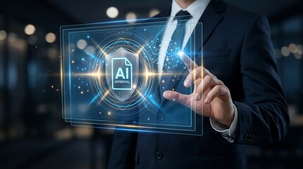 Fototapeta premium Businessman interacting with AI approval digital interface