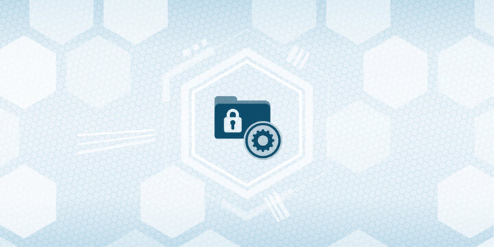 Digital file management and secure data storage concept with folder, padlock and gear icon on a blue abstract futuristic background with hexagonal grid pattern