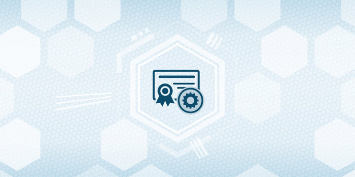 Abstract technology background with a certification document icon and a gear cogwheel sign representing digital validation, software verification, or system optimization