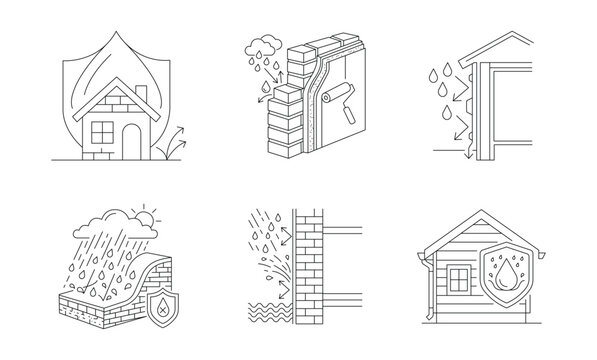 Waterproof home protection and damp proofing thin line icon set. Editable stroke. Vector illustration.	