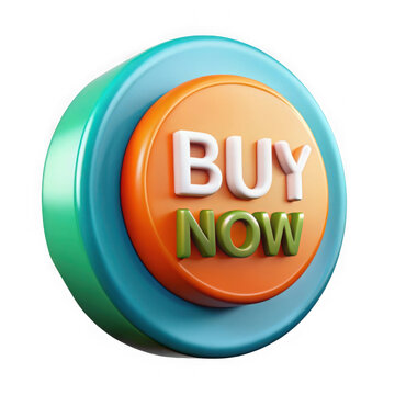 Vibrant 3 d glossy buy now button with orange text on dark background isolated on a transparent background