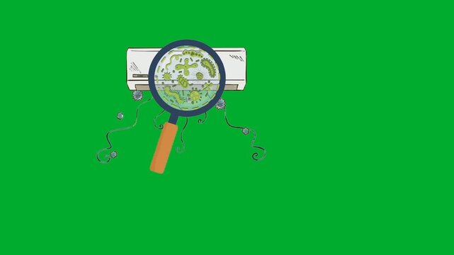 2d animated Magnifying glass virus inspection zoom close up layout frame animation on green screen. Examining air conditioner filter dust bacteria germs dirt mold particles with loupe lens tool