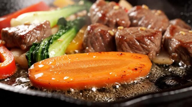 Close-up of delicious sizzling steak with vegetables cooking on a hot iron skillet for a tasty meal