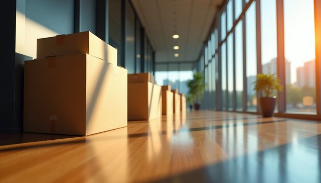 Cardboard boxes are stacked in modern office hallway. Sunlight streams through large windows, illuminating polished floor and casting long shadows. Space feels ready for relocation or shipping.