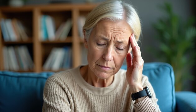 Elderly woman sits on couch holding head. She looks unwell tired stressed or sick. Possible headache or migraine pain. Concept for senior health issues.