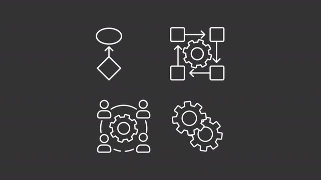 Animated operational timelines white line icons. Interaction coordination animation set. Organization function connection. Isolated elements on dark background. Alpha channel HD video