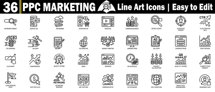 PPC marketing line art icons. Featuring online advertising campaigns and a keyword research strategy.
