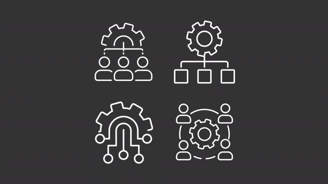 Animated management charts white line icons. Workflow organization animation set. Team members interactions. Business diagrams. Isolated elements on dark background. Alpha channel HD video