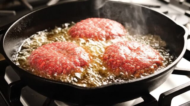 Three raw beef burger patties sizzling in hot oil inside a cast iron pan over a gas stove flame